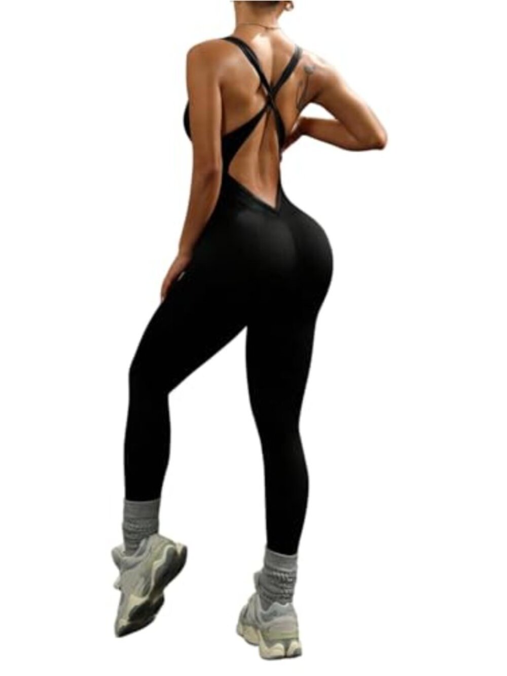 Sleeveless V Neck Criss Cross Backless Athletic Jumpsuit Romper for Yoga Gym